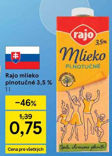 Rajo mlieko plnotučné 3,5% 1l
