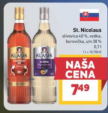 St. Nicolaus slivovica 40%, vodka, borovička, um 38% 0,7l v akcii