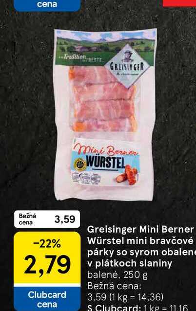 Greisinger Mini Berner Würstel mini bravčové párky so syrom obalene v plátkoch slaniny balené, 250 g