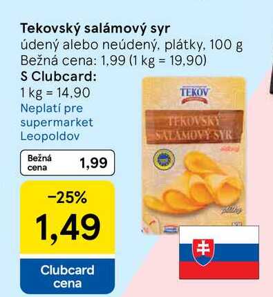 Tekovský salámový syr údený alebo neúdený plátky, 100 g