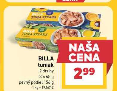 BILLA tuniak 2 druhy 3×65g pevný podiel 156 g