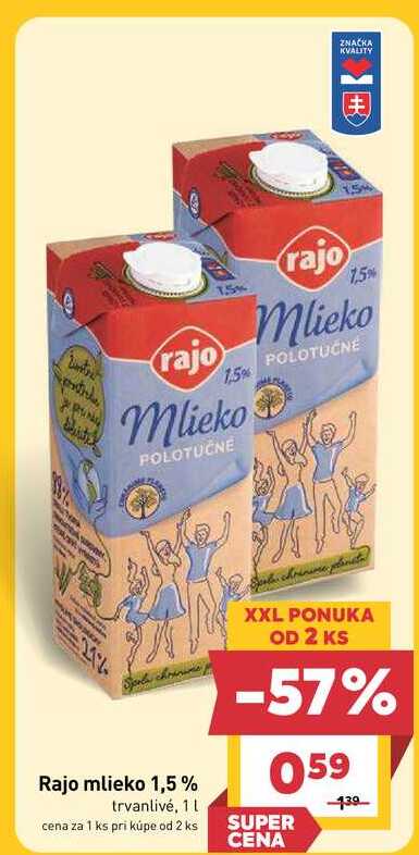 Rajo mlieko 1,5% trvanlivé, 1L