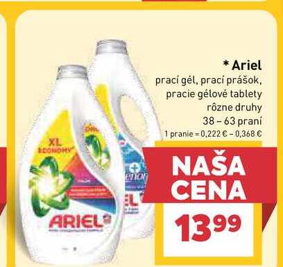 Ariel prací gél, prací prášok, pracie gélové tablety rôzne druhy 38-63 praní