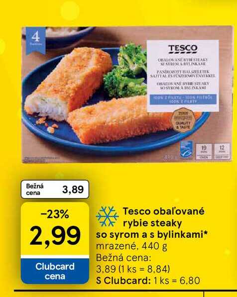 Tesco obaľované rybie steaky so syrom a s bylinkami mrazené, 440 g 