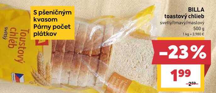 BILLA toastový chlieb svetlý/tmavy/maslový 500 g  v akcii