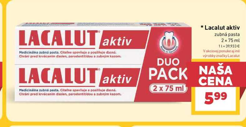 Lacalut aktiv zubná pasta 2 x 75 ml