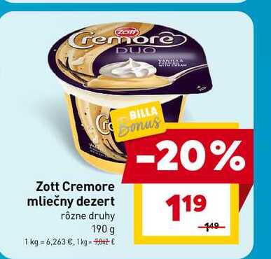 Zott Cremore mliečny dezert rôzne druhy 190 g