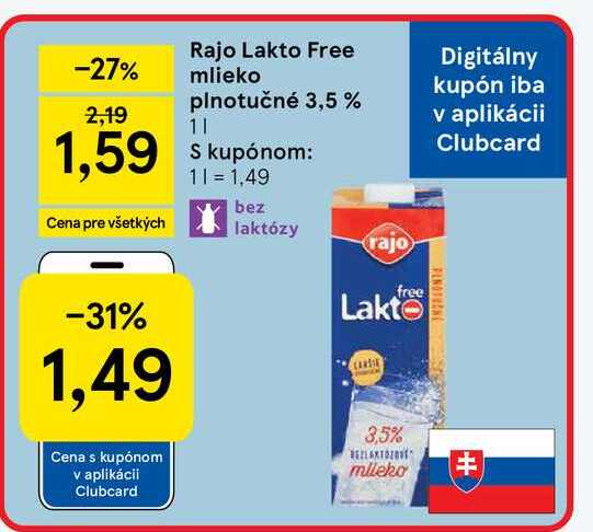 Rajo Lakto Free mlieko plnotučné 3,5 % 1l