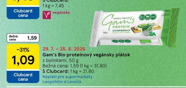 Gam's Bio proteínový vegánsky plátok s bylinkami, 50 g