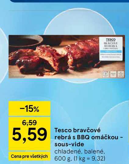 Tesco bravčové rebrá s BBQ omáčkou - sous-vide chladené, balené, 600 g