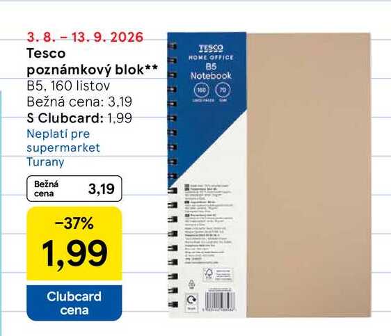Tesco poznámkový blok B5, 160 listov