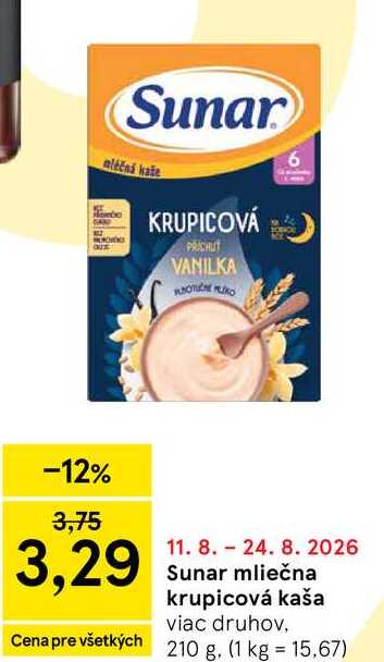 Sunar mliečna krupicová kaša viac druhov 210 g
