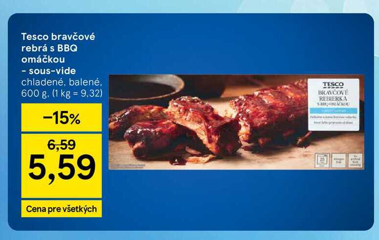 Tesco bravčové rebrá s BBQ omáčkou - sous-vide chladené, balené, 600 g