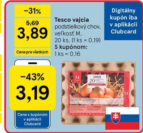 Tesco vajcia podstielkový chov veľkosť M 20 ks