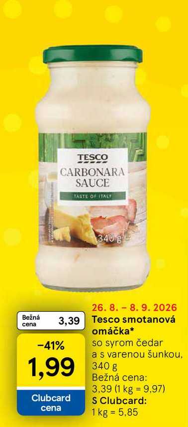 Tesco smotanová omáčka so syrom čedar a s varenou šunkou, 340g