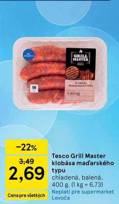 Tesco Grill Master klobása maďarského typu chladená, balená, 400 g