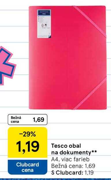 Tesco obal na dokumenty A4, viac farieb 