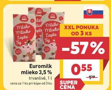 Euromilk mlieko 3,5% trvanlivé, 1l