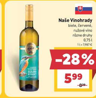 Naše Vinohrady biele, červené, ružové víno rôzne druhy 0,75l