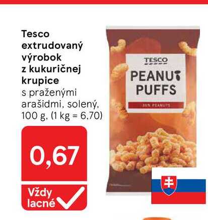 Tesco extrudovaný výrobok z kukuričnej krupice s praženými arašidmi, solený 100 g