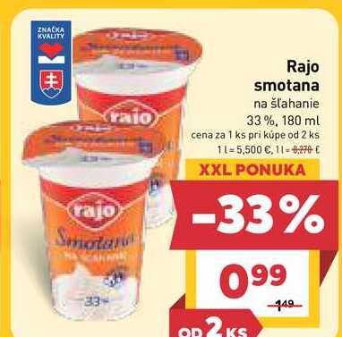 Rajo smotana na šľahanie 33%, 180 ml