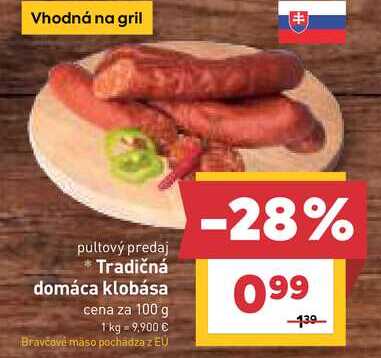 Tradičná domáca klobása cena za 100 g 
