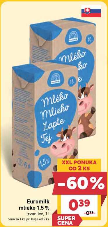 Euromilk mlieko 1,5% trvanlivé, 1L