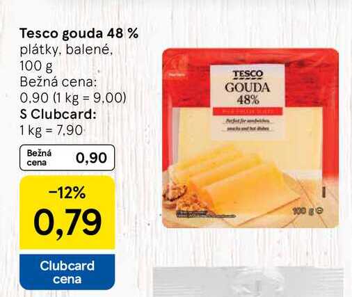 Tesco gouda 48 % plátky, balené 100 g