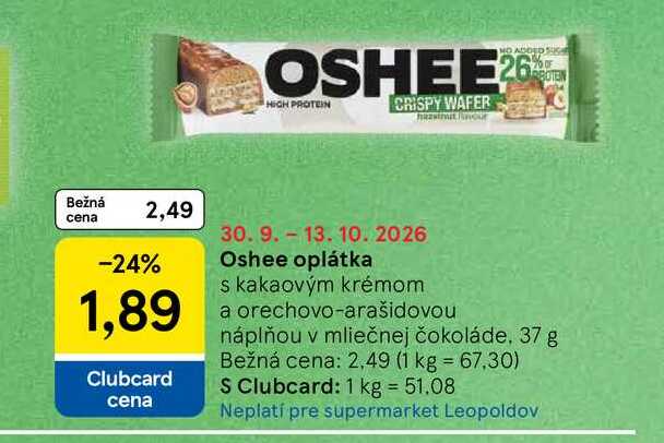 Oshee oplátka s kakaovým krémom a orechovo-arašidovou náplňou v mliečnej čokoláde, 37 g