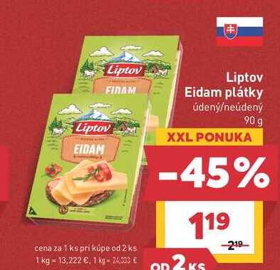 Liptov Eidam plátky údený/neúdený 90 g
