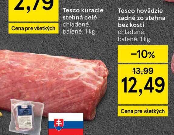 Tesco hovädzie zadné zo stehna bez kosti chladené, balené, 1 kg