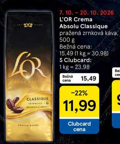 L'OR Crema Absolu Classique pražená zrnková káva 500 g v akcii