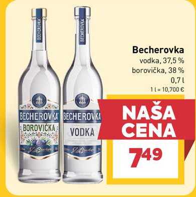 BECHEROVKA vodka, 37,5% borovička, 38% 0,7l