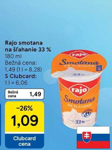 Rajo smotana na šľahanie 33% 180 ml