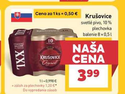 Krušovice svetlé pivo, 10% plechovka balenie 8 × 0,5l