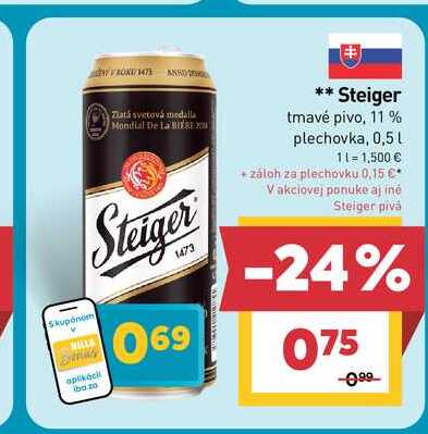 Steiger tmavé pivo, 11% plechovka, 0,5 l