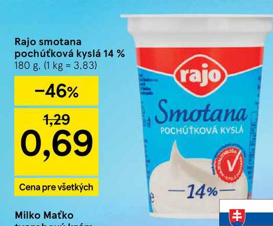 Rajo smotana pochúťková kyslá 14 % 180 g