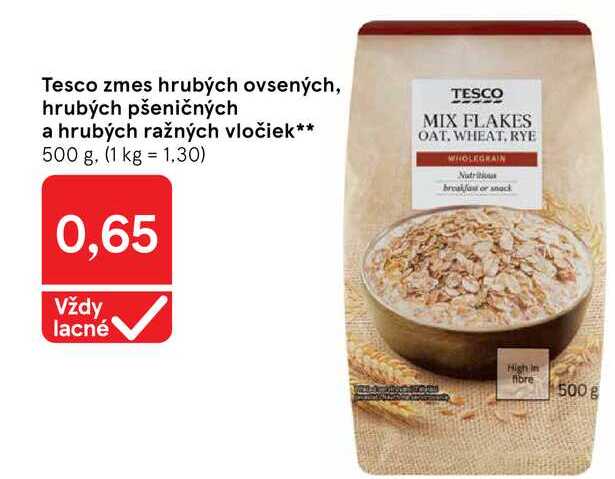 Tesco zmes hrubých ovsených, hrubých pšeničných a hrubých ražných vločiek 500 g