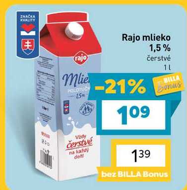 Rajo mlieko 1,5% čerstvé 1l