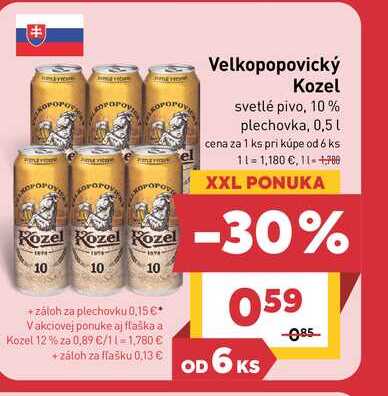Velkopopovický Kozel svetlé pivo, 10% plechovka, 0,5l v akcii