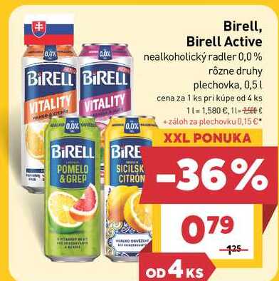 Birell Active nealkoholický radler 0,0% rôzne druhy plechovka, 0,5l