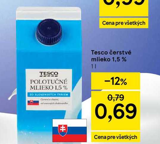 Tesco čerstvé mlieko 1,5 % 1l