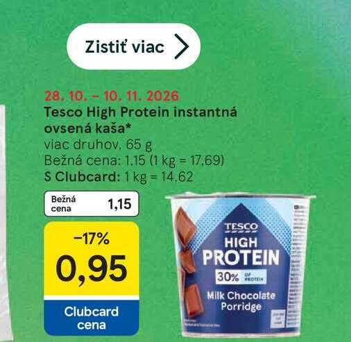 Tesco High Protein instantná ovsena kaša viac druhov, 65 g