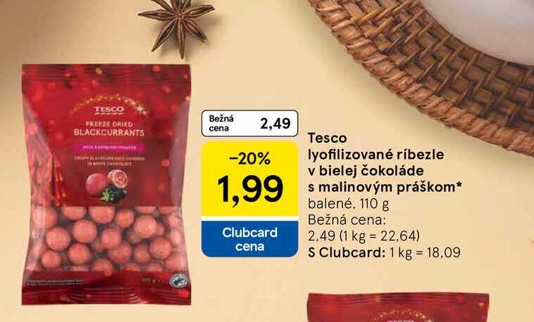 Tesco lyofilizované ríbezle v bielej čokoláde s malinovým práškom balené, 110 g