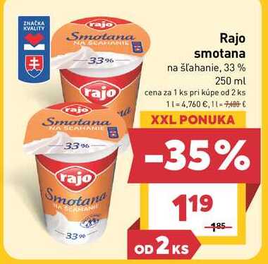 Rajo smotana na šľahanie, 33% 250 ml