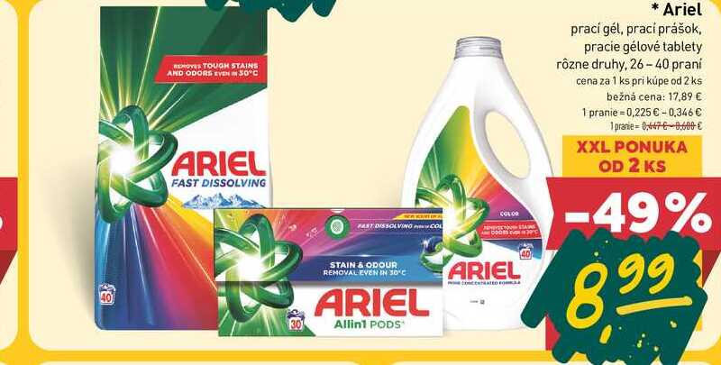 Ariel prací gél, prací prášok, pracie gélové tablety rôzne druhy, 26-40 praní